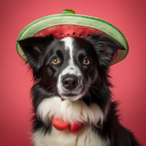 Border collie wearing a watermelon hat